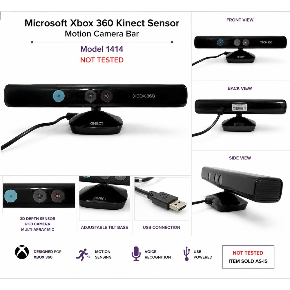 Microsoft Xbox‎ 360 Kinect Sensor Motion Camera Bar Model 1414 Black Not Tested